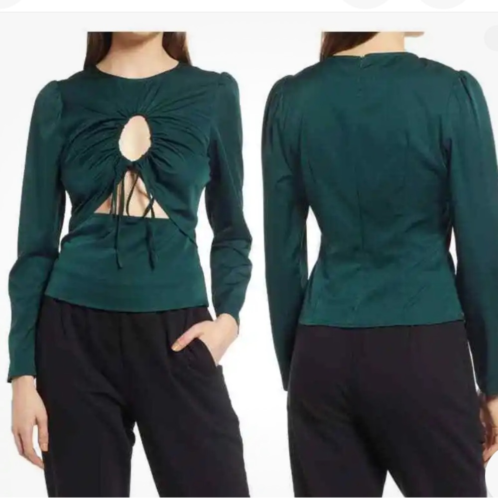 Nordstrom Open Edit Cutout Detail Blouse in Green Park XS NWT
